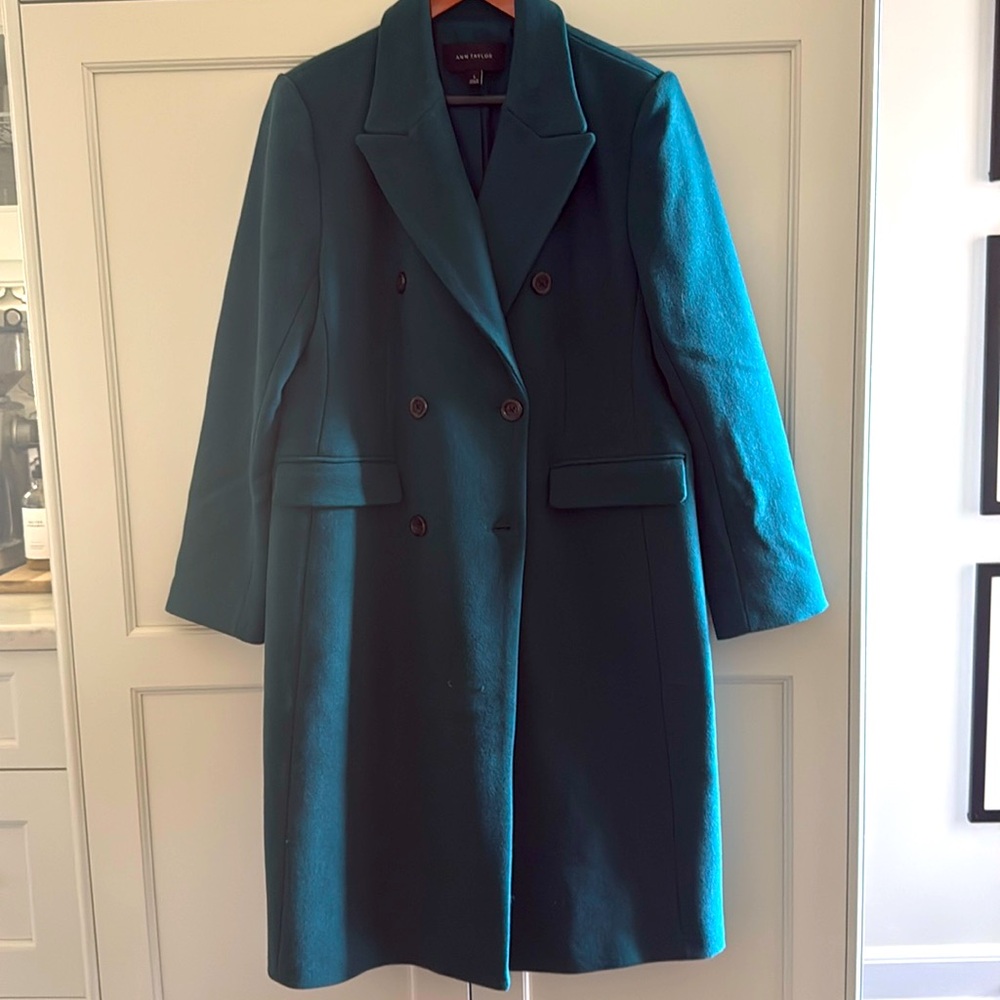 Ann Taylor wool blend mid length double breasted notch collar coat, forest green